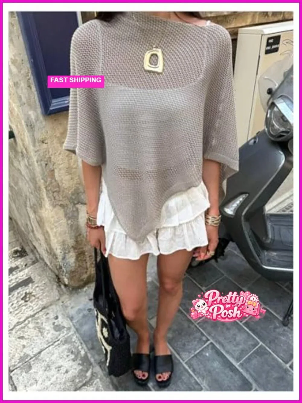 Sheer Crochet Poncho Top Lightweight Vacation Bat Wing Cape Beach Cover Up
